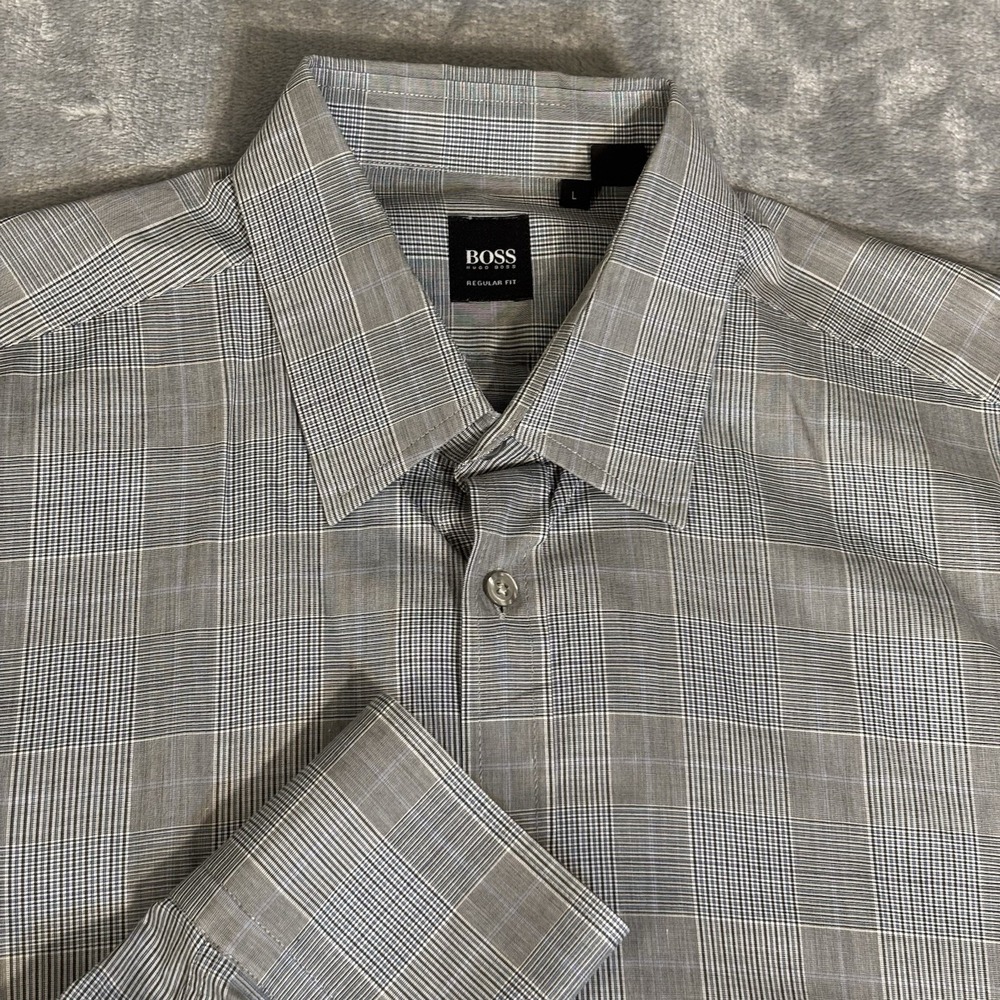 HUGO BOSS Shirt Adult Large Gray Button Up‎ Dress Casual Cotton Mens